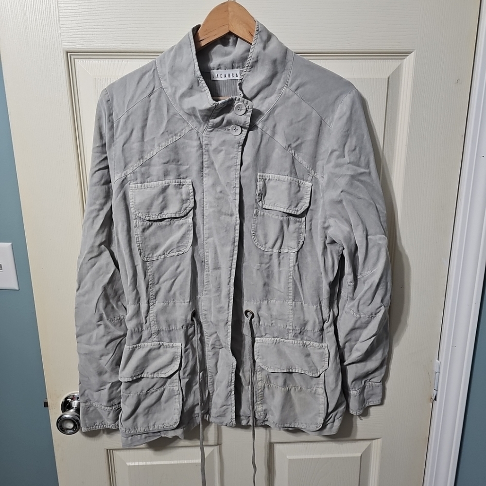 Lacausa Gray 100% Tencel/Cotton Lined Button Up Anorack Coat Small EUC